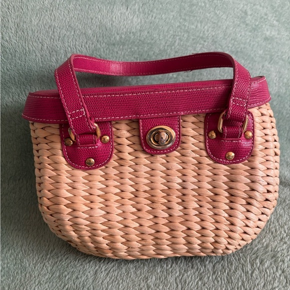 Vintage Vegetable Fiber Woven Basket Purse Top Handle Bag Pink Tan mirror - Picture 2 of 14